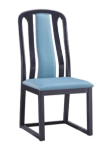 Hotel Dining Chair — Black Frame, Dusty-Blue Back Panel, Gold Tips