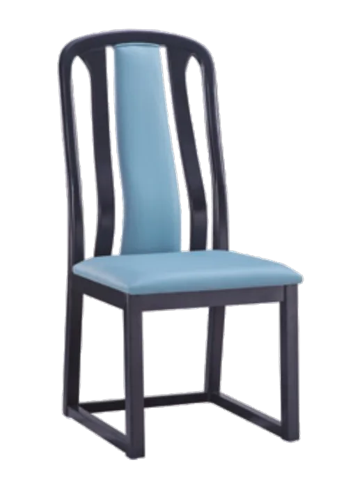 HWL-HC-025 open-back hotel dining chair, black frame, dusty-blue back panel
