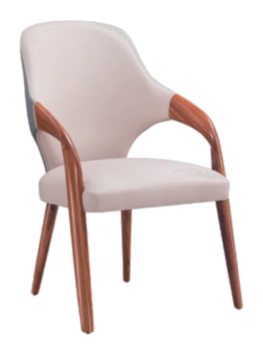HWL-HC-049 two-tone dining chair, cream shell back, walnut curved arms
