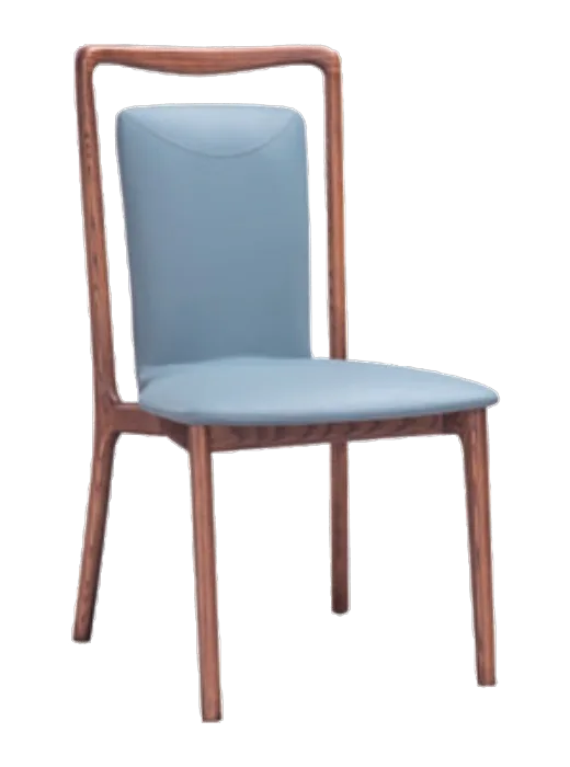 HWL-HC-059 walnut open-frame dining chair, dusty-blue cushions